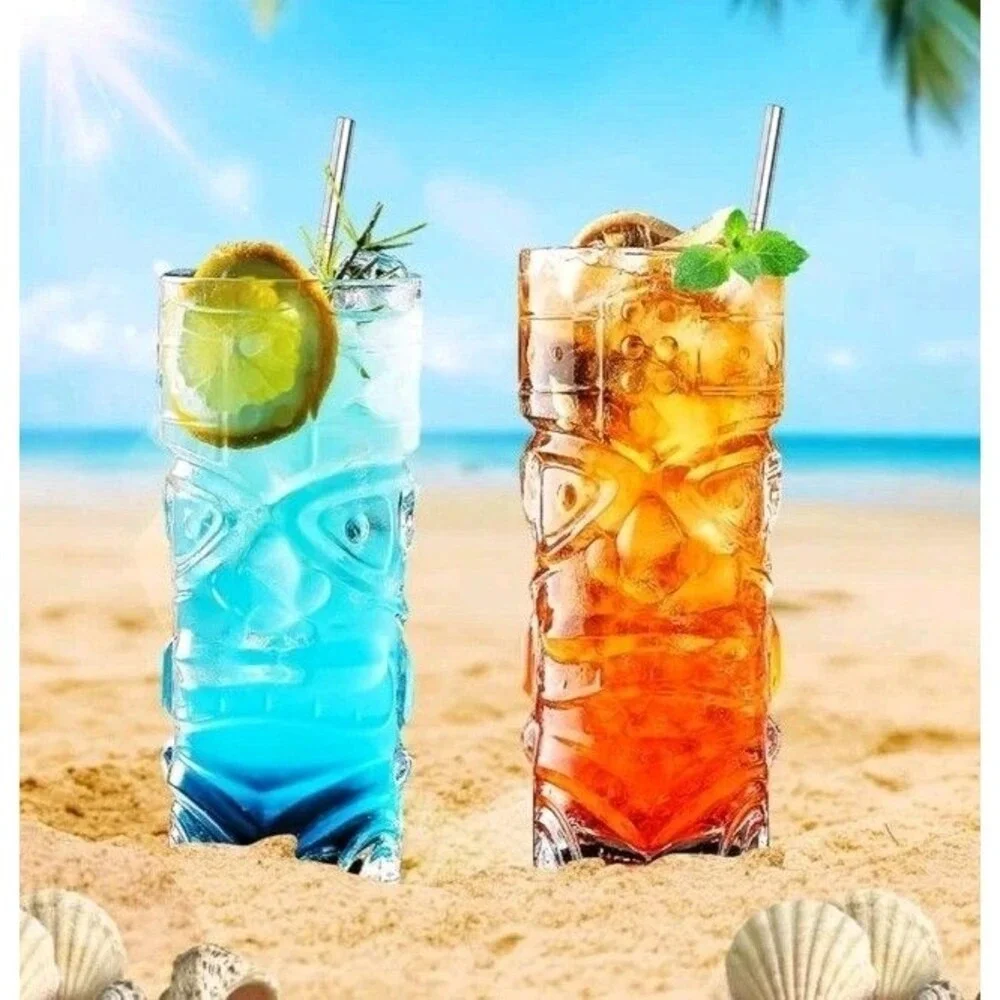 Tropical Tiki Bar Clear Glass‎ Highball Tumblers Set of 2 14 Oz w/ Metal Straw